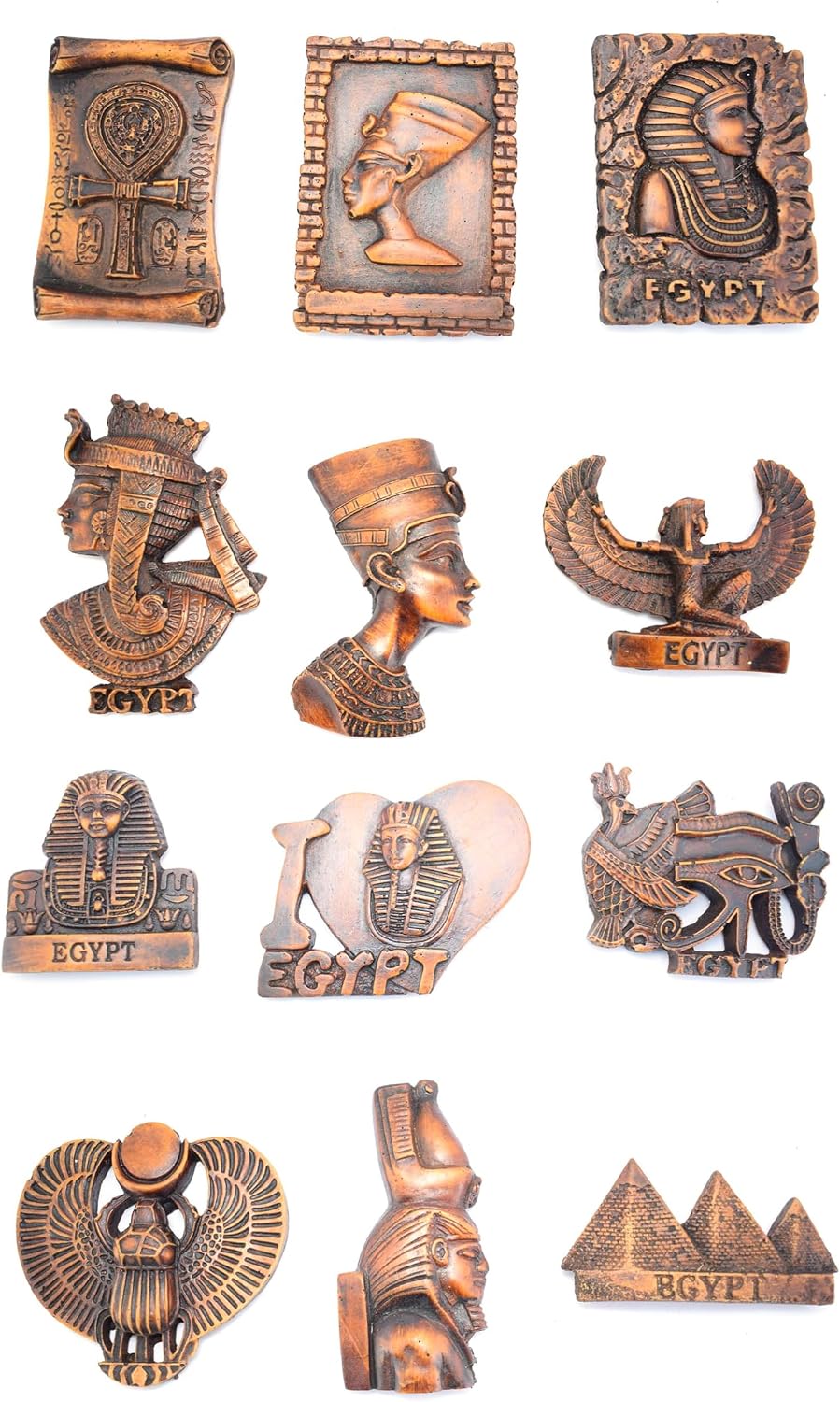 The 12 brown Egyptian souvenir magnets: pharaohs, Nefertiti, pyramids and ancient Egyptian symbols